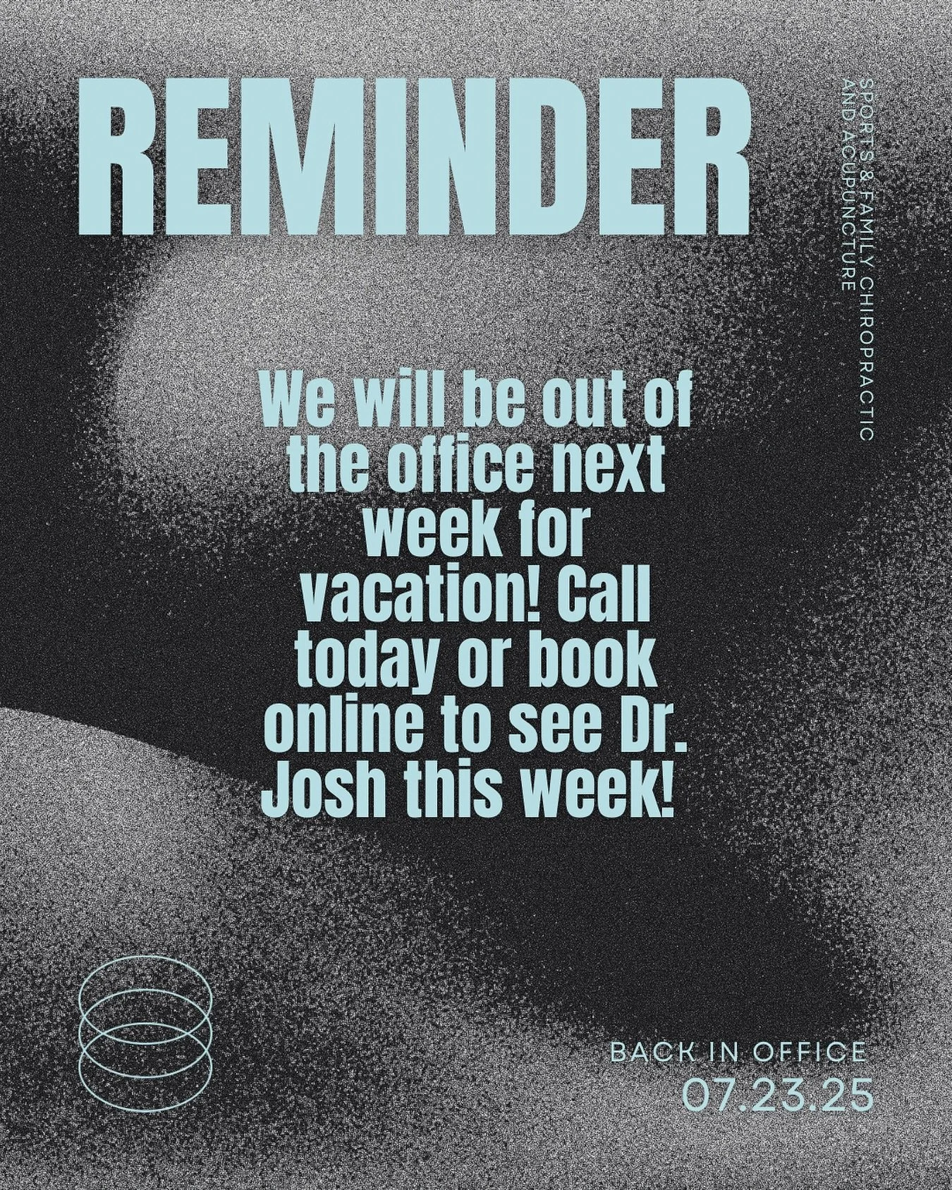R E M I N D E R!!! 
We are in the office this week Monday-Thursday before we break for summer vacation! If you&rsquo;d like to schedule with Dr. Josh this week, please call us at (636) 530-1212 or, you can use the link in our bio to schedule your app
