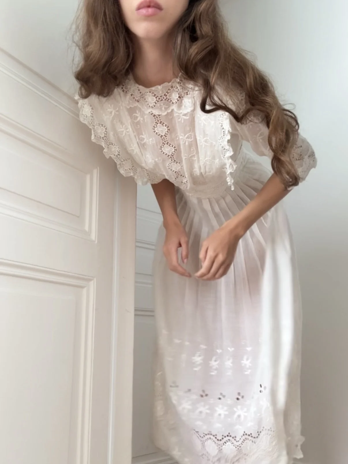 ANTIQUE EDWARDIAN COTTON LACE DETAIL DRESS (XS)