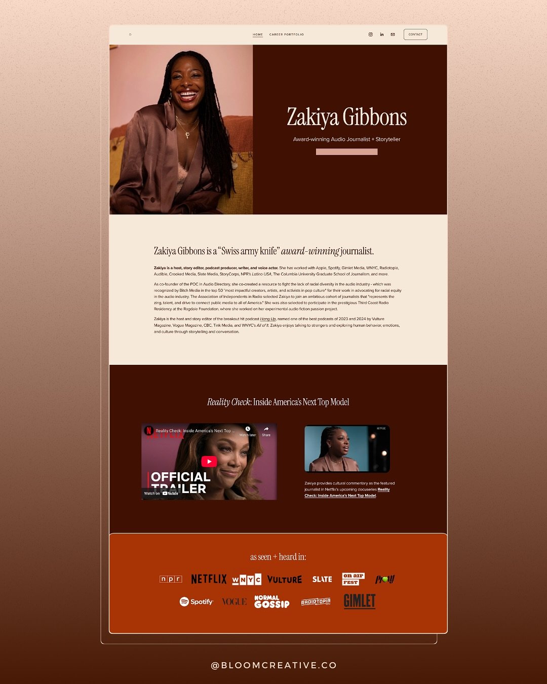 // website portfolio refresh for award-winning audio journalist + storyteller @zak_sauce ✨🫶🏽

we created a warm + engaging SEO-optimized site that showcases Zakiya&rsquo;s broad portfolio of work &mdash; in the lead up to her @netflix debut on &lsq
