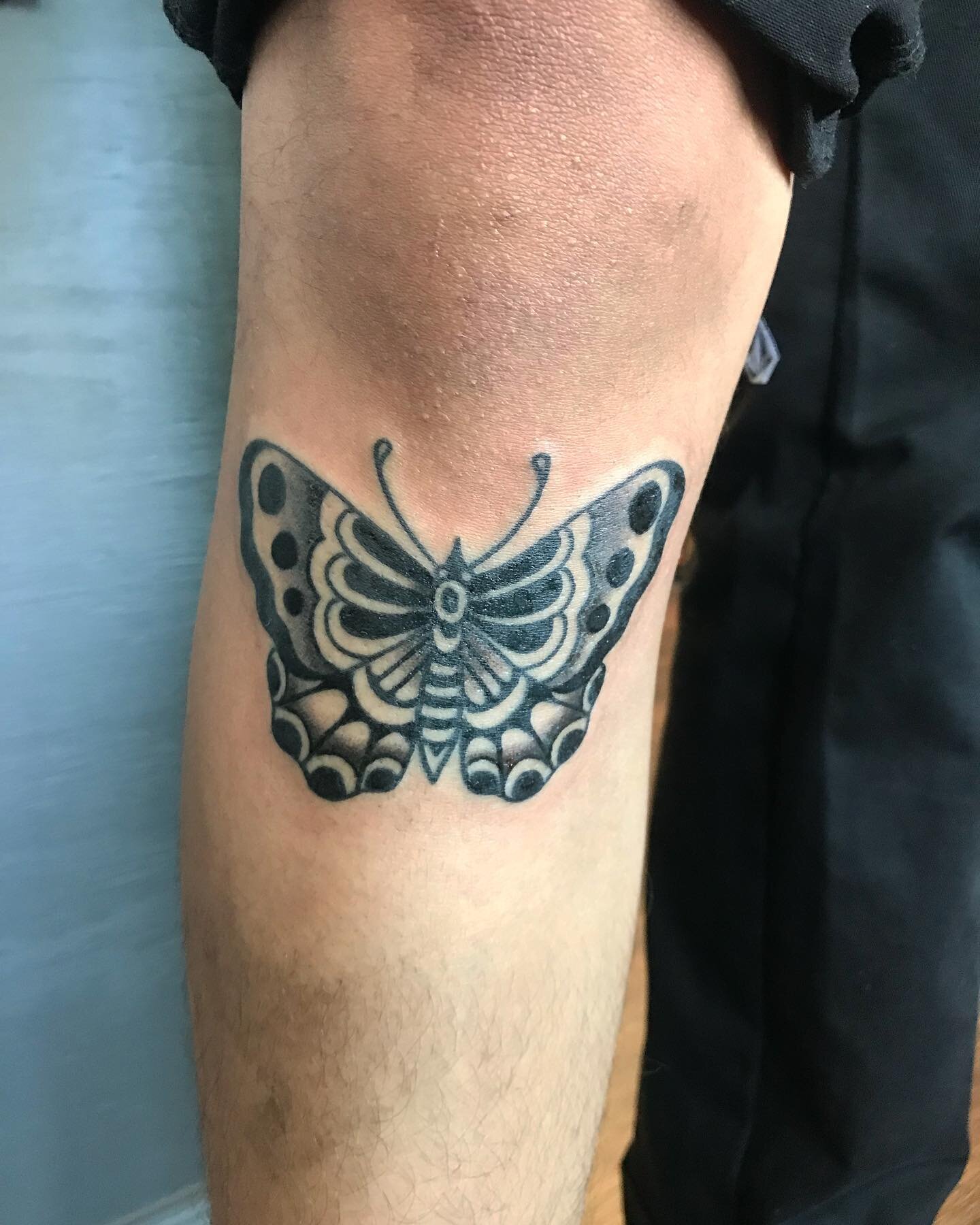 I forgot to post this one a while back. Thank you Sai, it&rsquo;s always fun to tattoo you.
.
.
#butterflytattoo #shintattoo #holyscythesj #traditionalbutterflytattoo