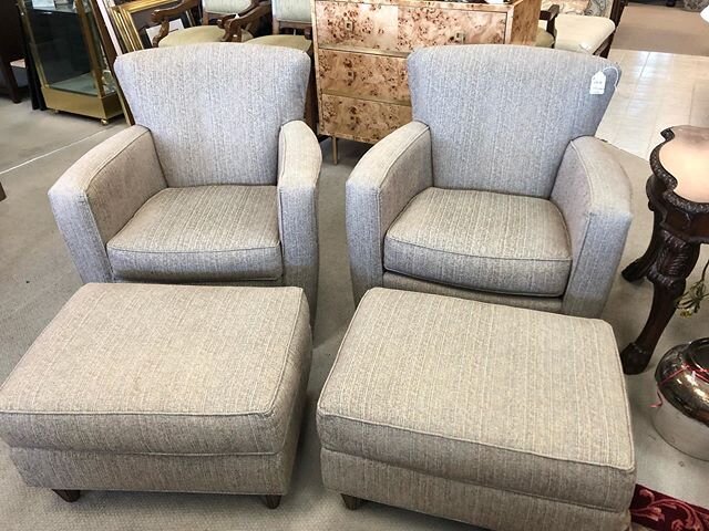 This pair of chairs and ottomans is 1 year old. Made by Fairfield  They are really comfortable and they swivel.