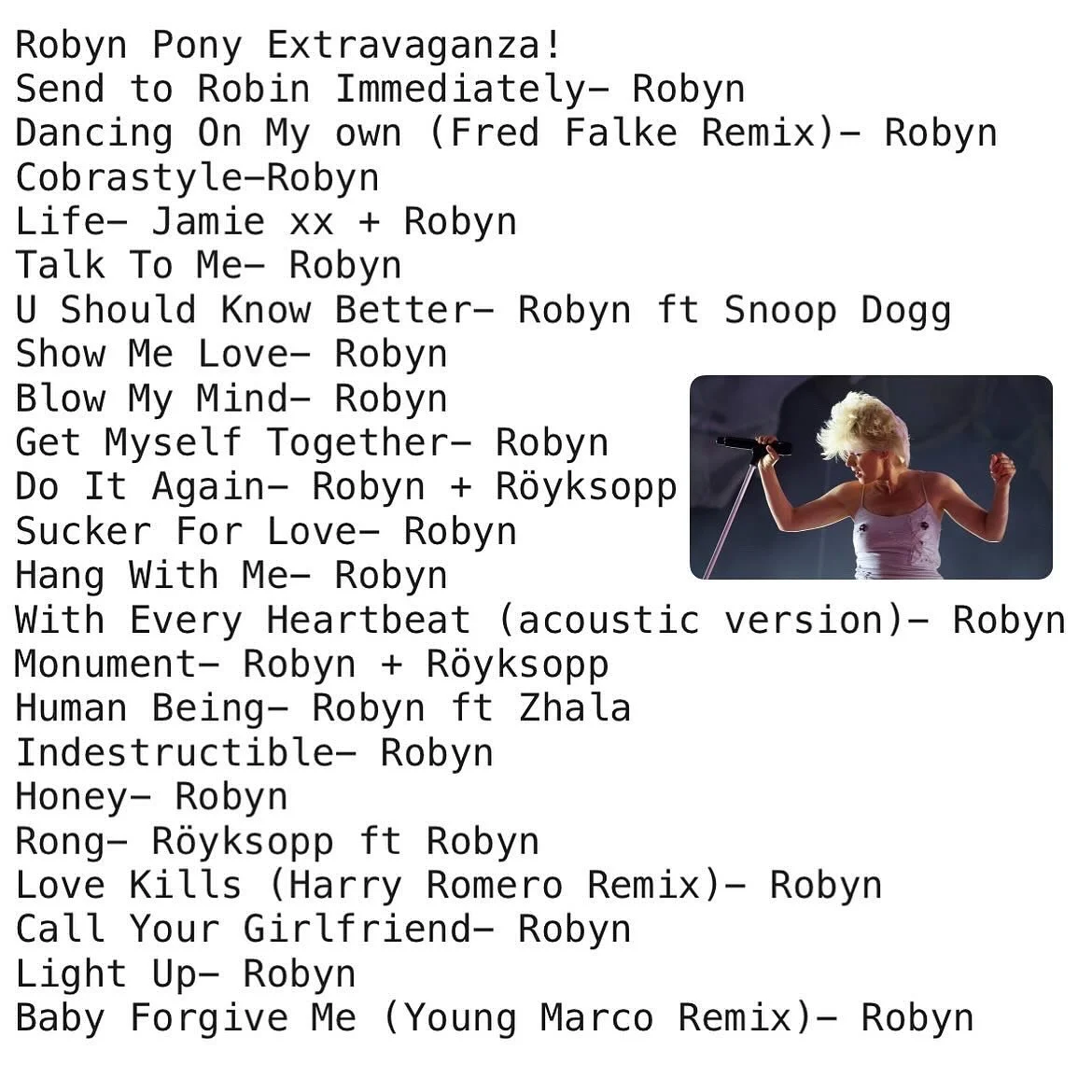 TONIGHT ‼️❣️‼️❣️ 90 minutes of dancing to 100% Robyn at @picklefactory_frogtown!! Here is the playlist for anyone curious! + the gorgeous riso print @michellaforever made for yall to take home, and a reminder that we&rsquo;re giving away 2 pairs of t