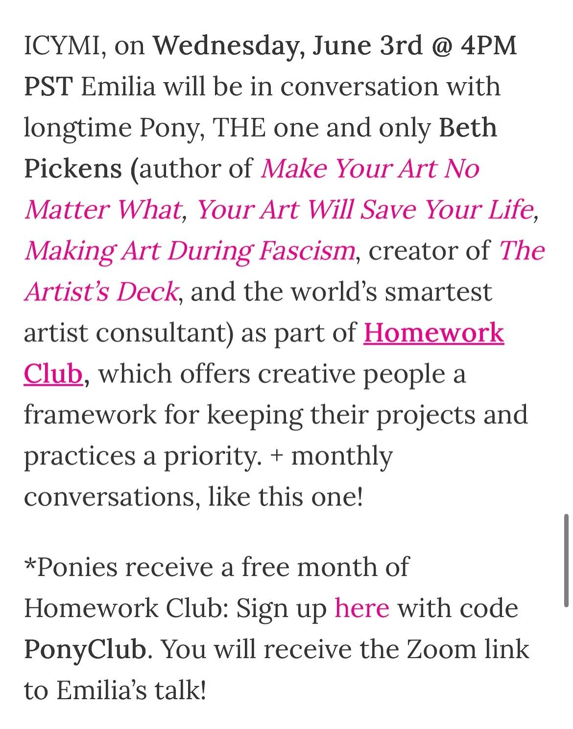 TOMORROW ONLINE ❤️&zwj;🔥❤️&zwj;🔥❤️&zwj;🔥 A Very Special Crossover Episode of Homework Club and Pony Sweat Wednesday, June 3rd at 4pm PST ❤️ Beth and Emilia will talk about having creative businesses, having bodies (ugh but also ah), having the sam