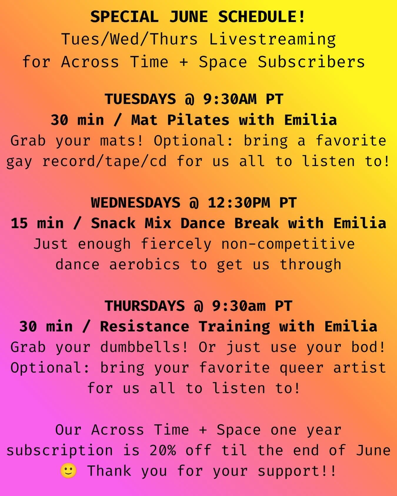 NEW ONLINE PROGRAMMING FOR JUNE ⭐️⭐️⭐️⭐️ We&rsquo;re separating Exercising + Listening to Records into two shorter classes (one mat pilates and one strength training) AND adding a midday, midweek dance break option! All on Zoom, accessible from anywh