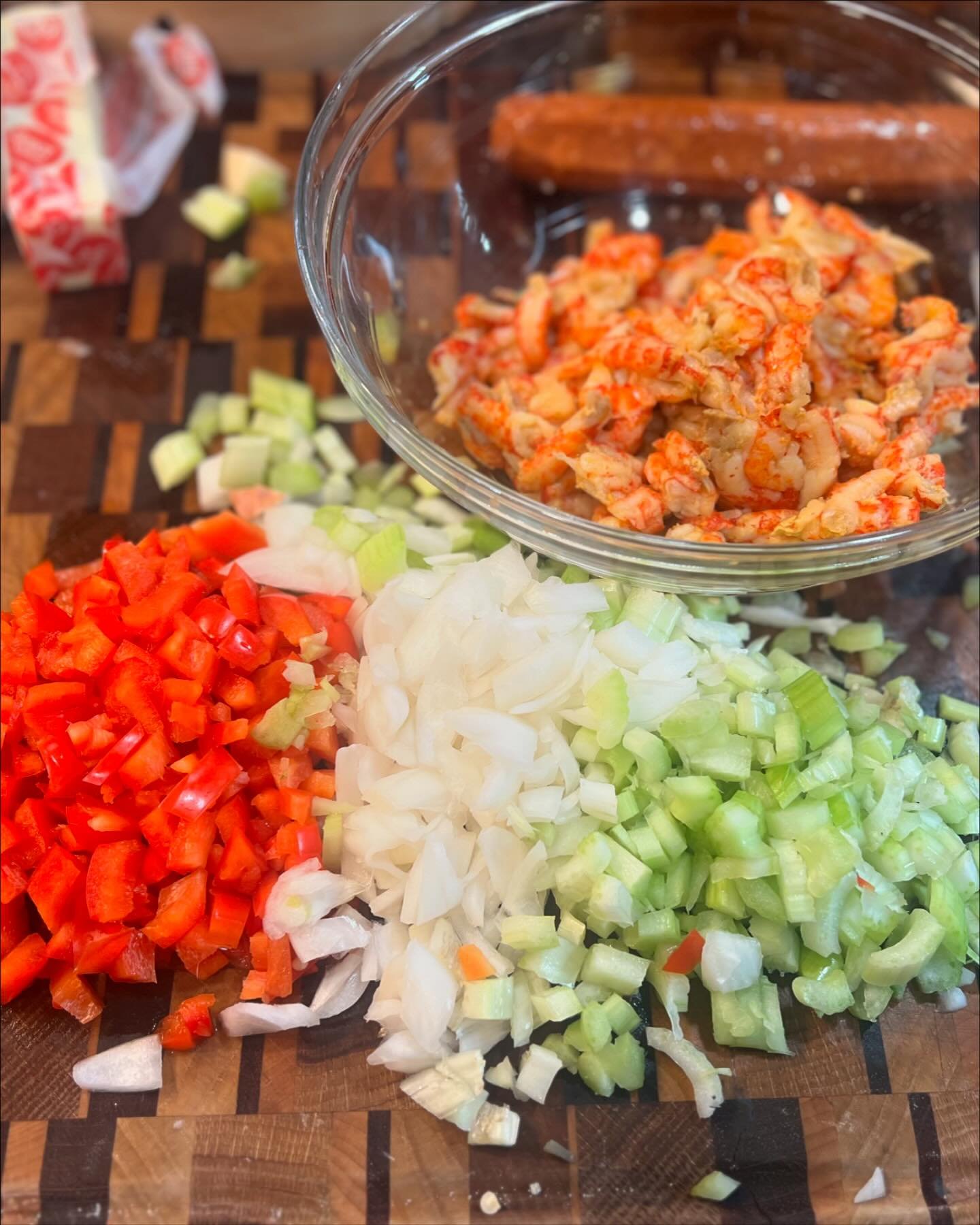 The base for my Cajun stuffing is prepared! And the Andouille is grilling!!