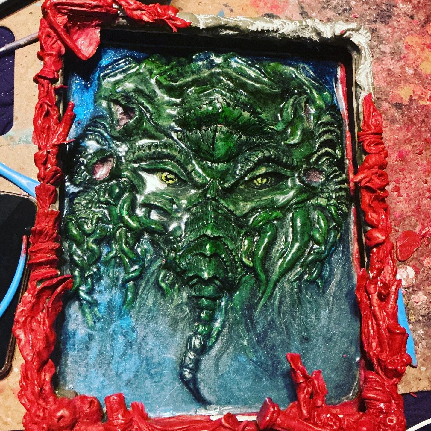 Almost there feels so far away. #cthulhu #horrorart #sculpture #filthyhorrorsdotcom #horrorcommunity #horror #wallart #hgtv #lovecraft