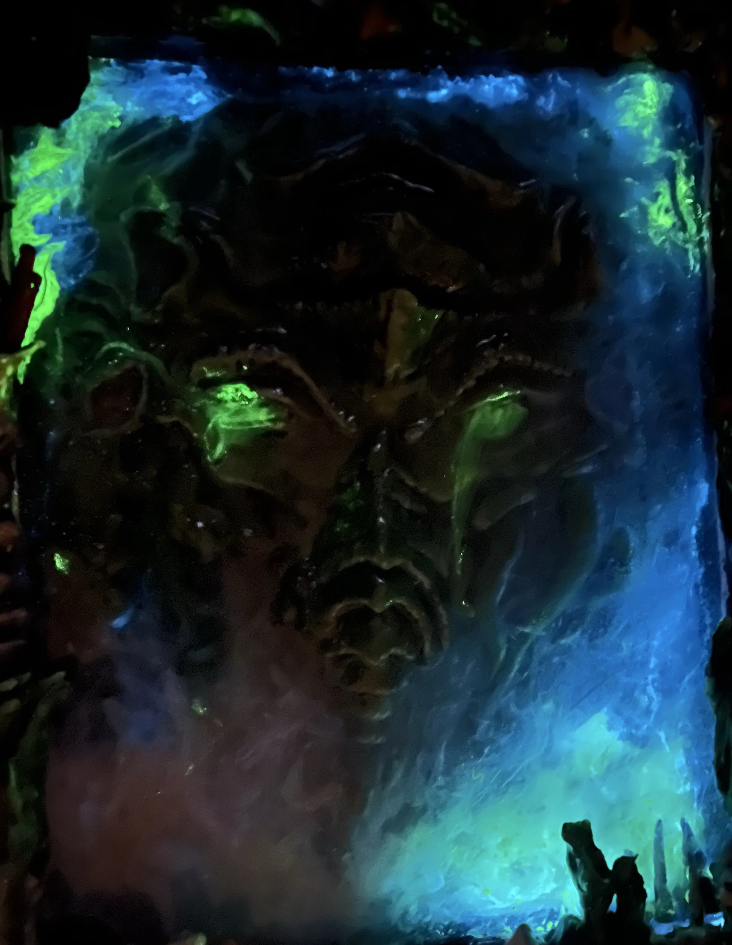 After running the black light, the glow resin is eerily charged. 