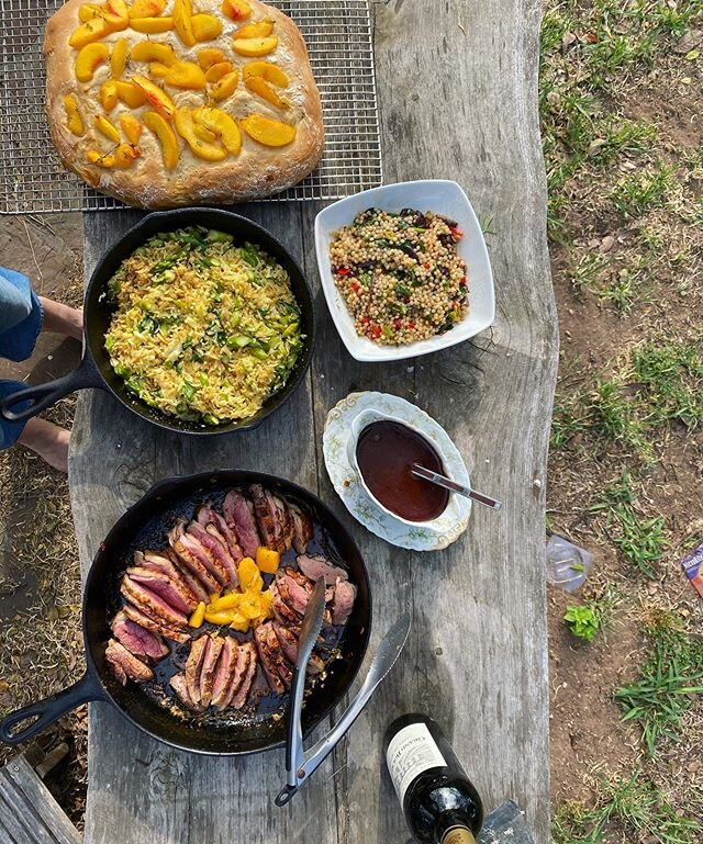 Aubrey&rsquo;s parents know how to cook our #BelleVieDuck 🦆 @nytimes recipe Peppered Duck Breast, served with NYT peach thyme focaccia and lemon orzo (and Bordeaux 👏 👏 ) #nytimesrecipe #atxlocal #atxeats #nytimescooking #belleviefarm