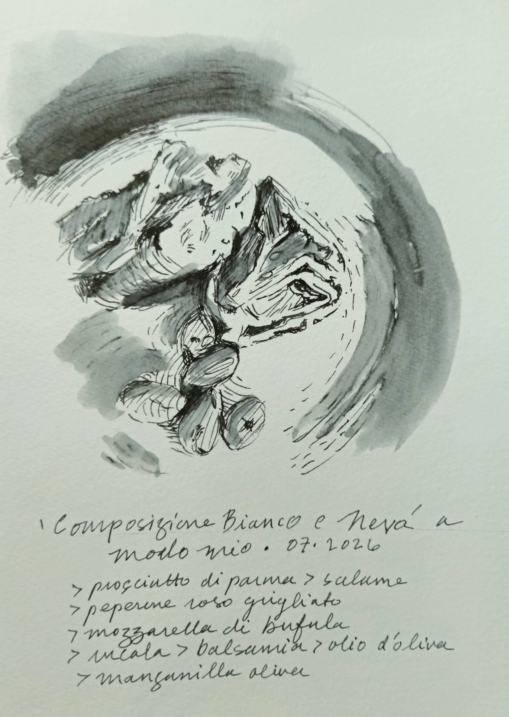 Compozione Bianco e Nero, 2026. Pen and ink sketch on watercolor paper, 21 x 15 cm.