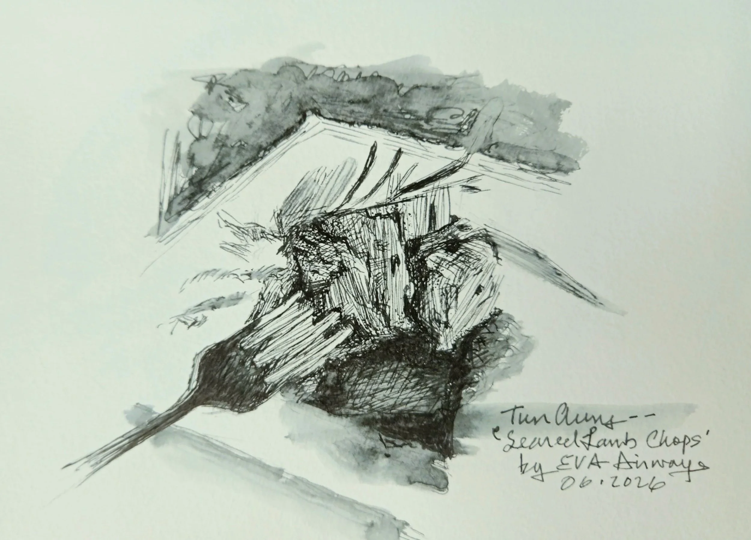 Seared Lamb Chops Alla EVA, 2026. Pen and ink sketch on watercolor paper, 21 x 15 cm.