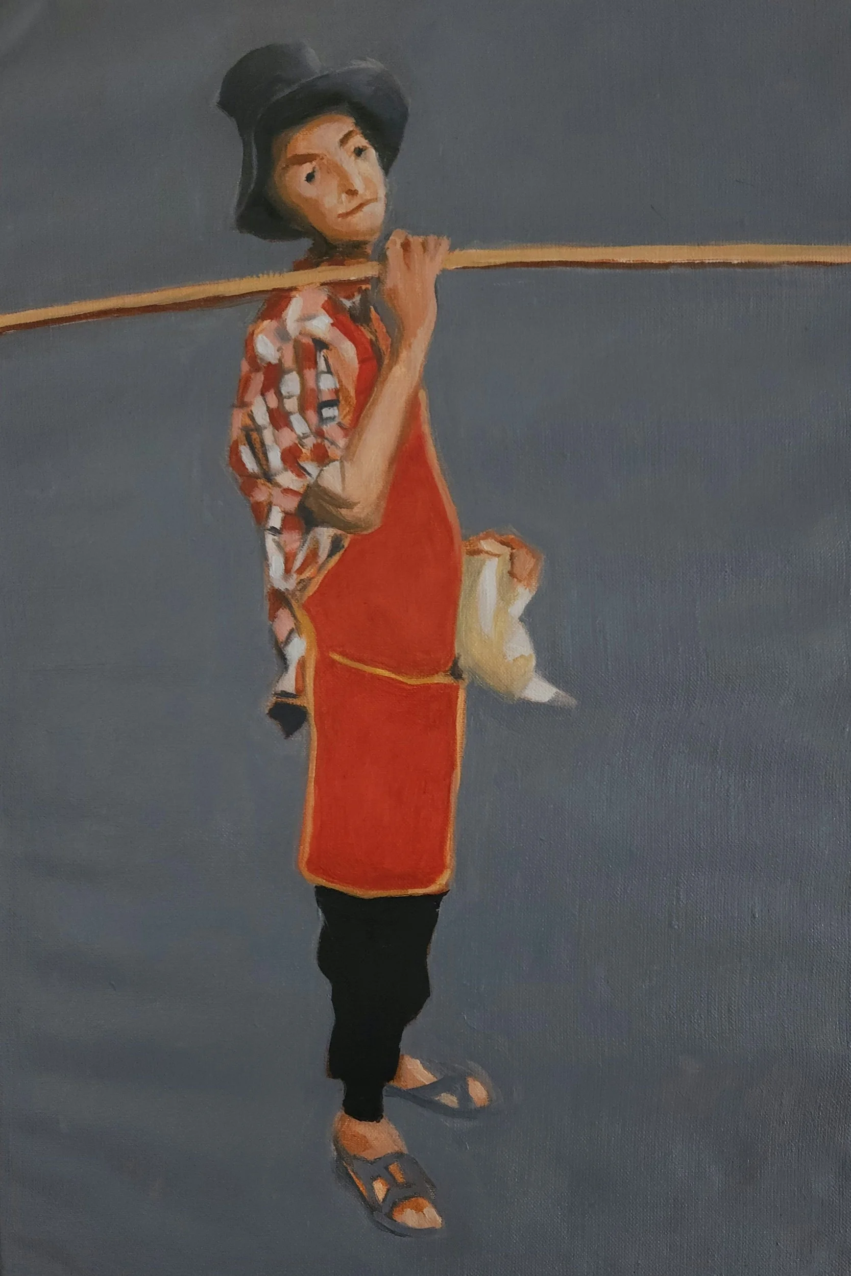 Red Apron, 2025. Oil painting on linen, 45 x 30 cm.