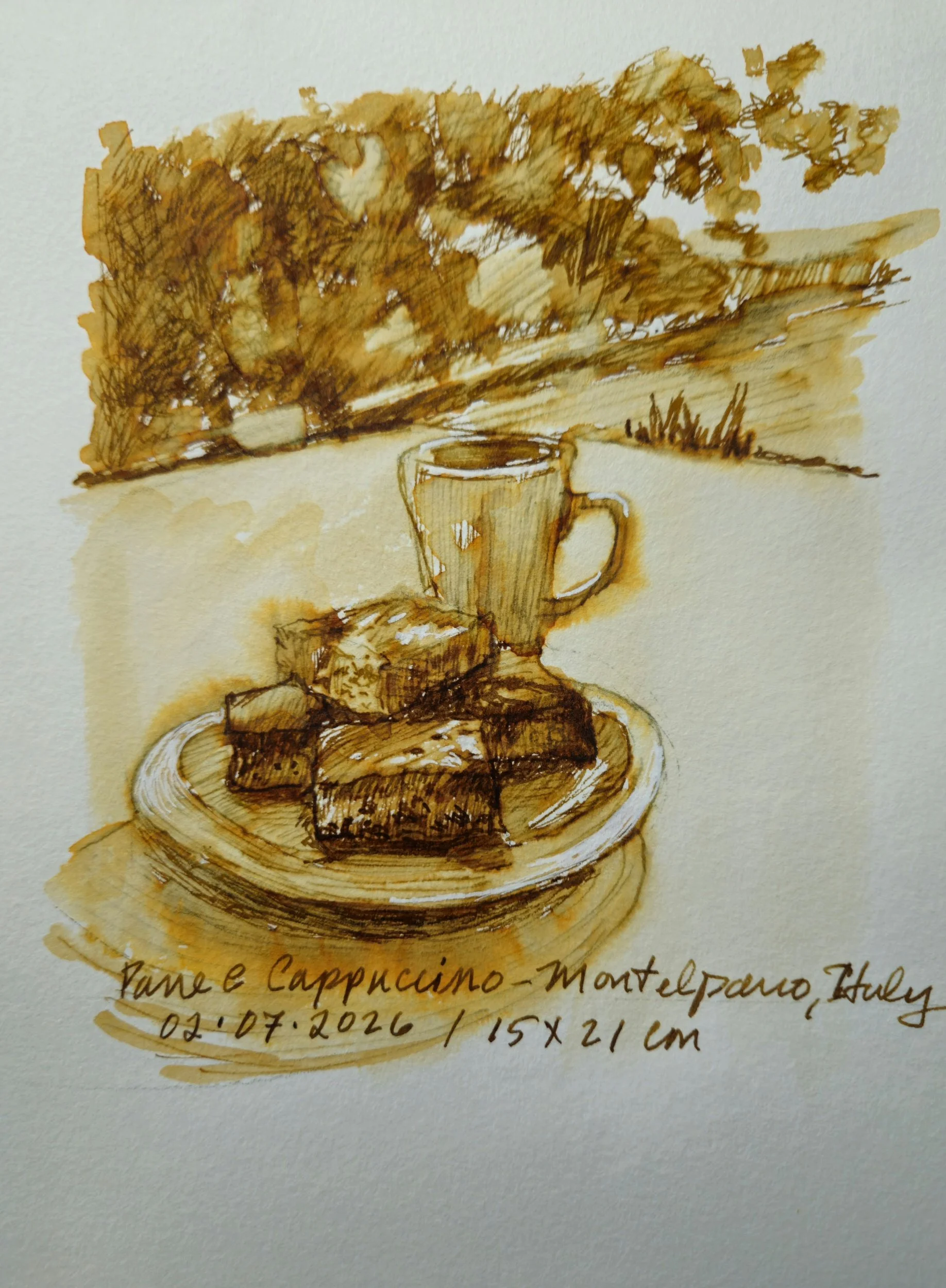 Pane e Cappucino Montelparo, 2026. Sepia pen and ink sketch on watercolor paper, 21 x 15 cm.