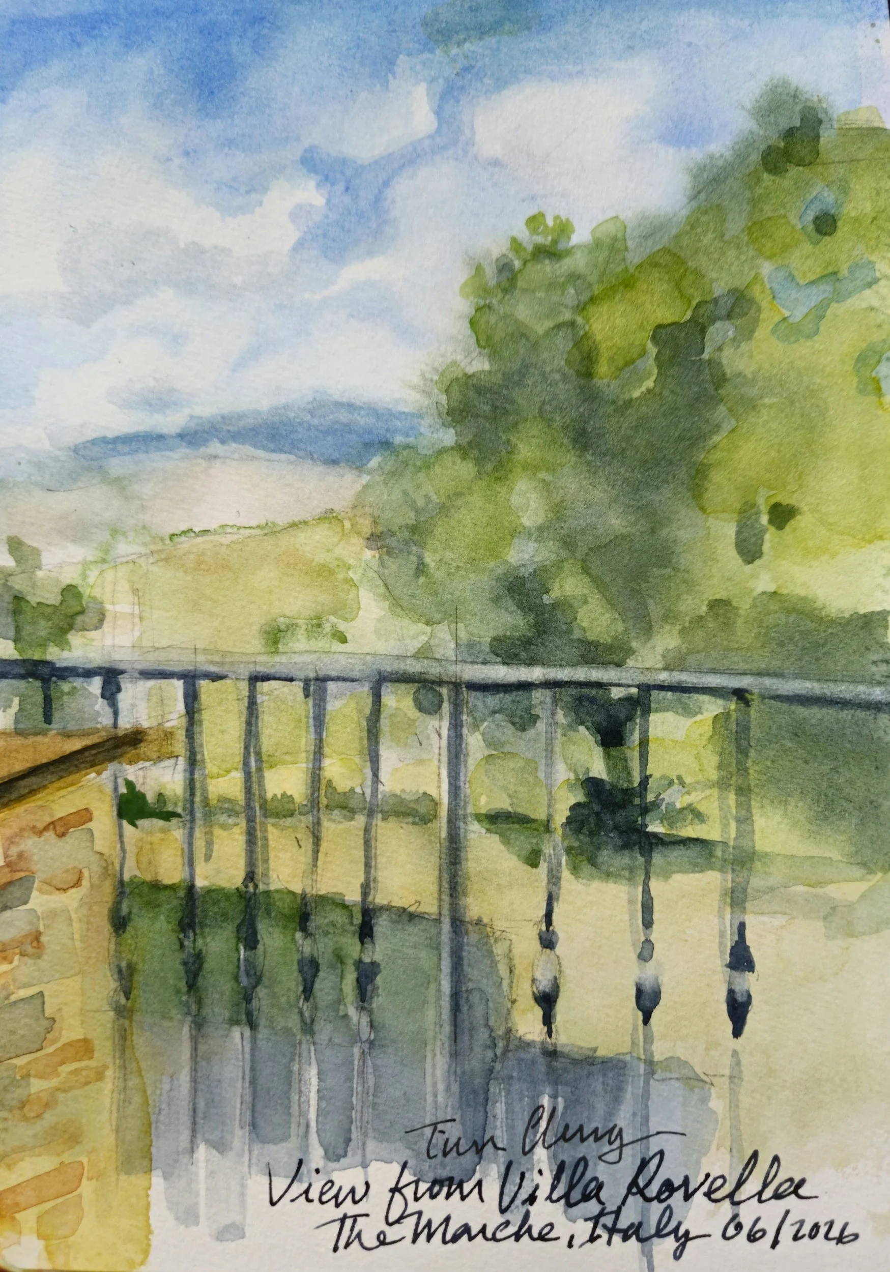 View from Villa Rovella, 2026. Watercolor sketch 21 x 15 cm.