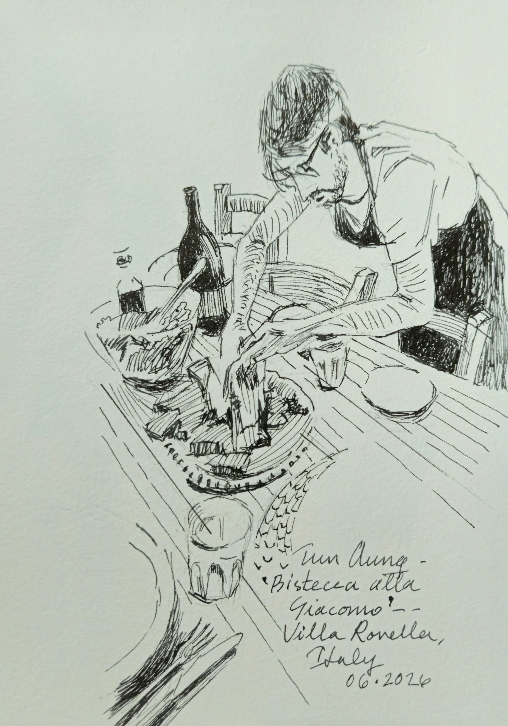 Bistecca Alla Giacomo, 2026. Pen and ink sketch on watercolor paper, 21 x 15 cm.