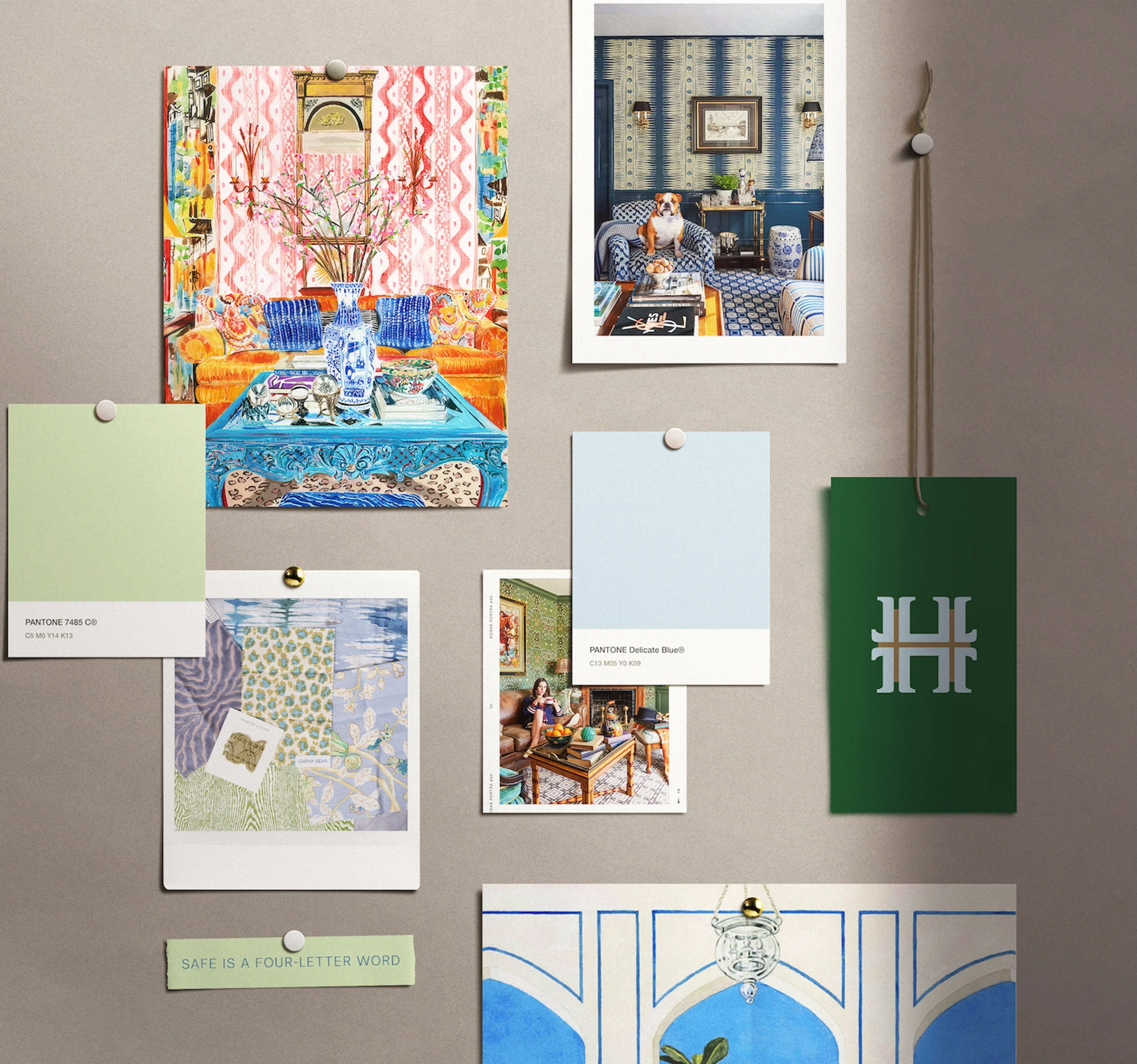 A corkboard with various colorful images, paint swatches, and notes pinned on it, including a large painting of a colorful living room, a photo of a dog in a blue room, and a piece of artwork with blue and white patterns.