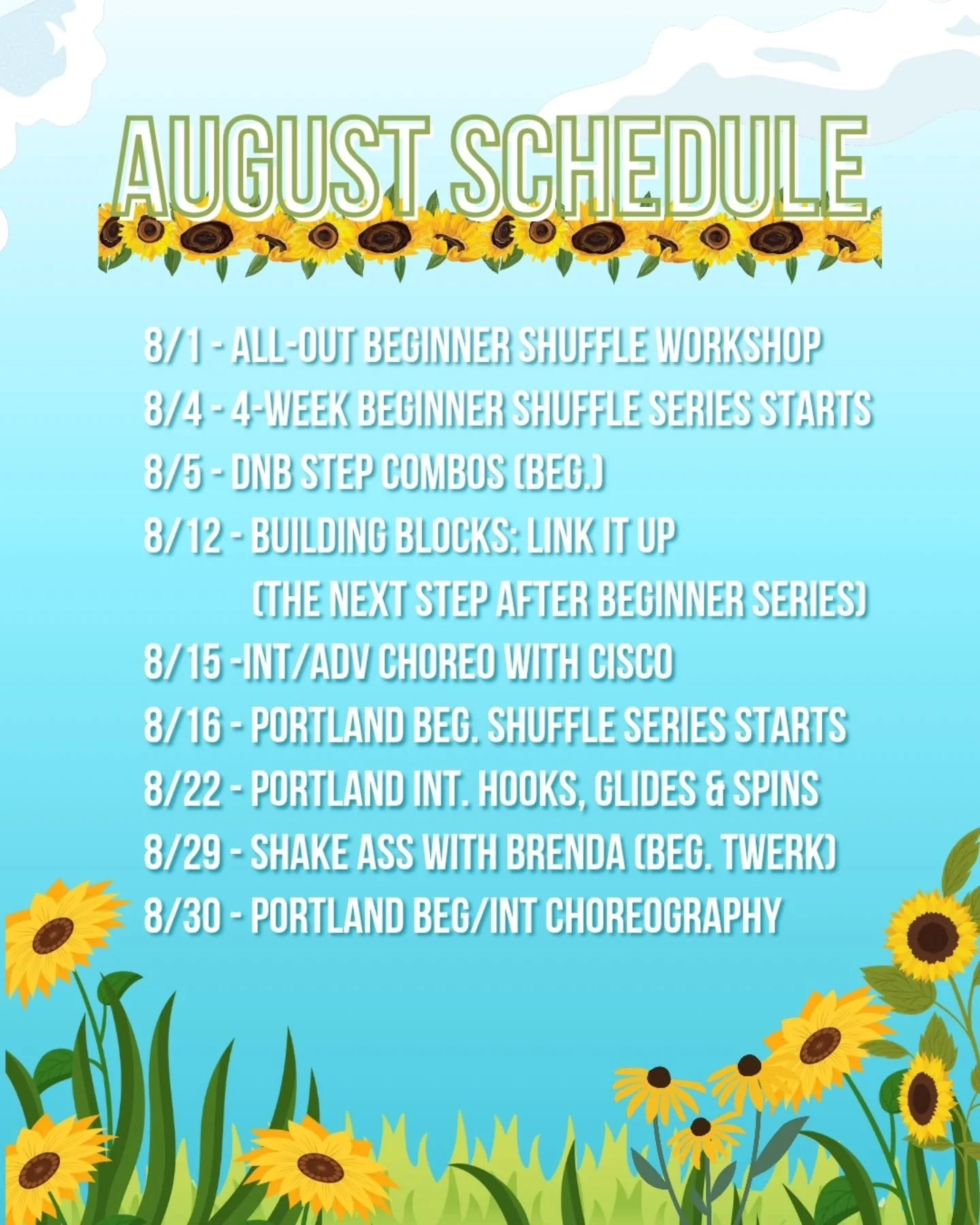 AUGUST IS PACKED! Tag your friend in the comments and you might win a free class for the both of you! Winners announced on Wednesday the 29 🥰

In addition to all these classes, Stomping Grounds is putting on the first ever shuffle battles in Seattle