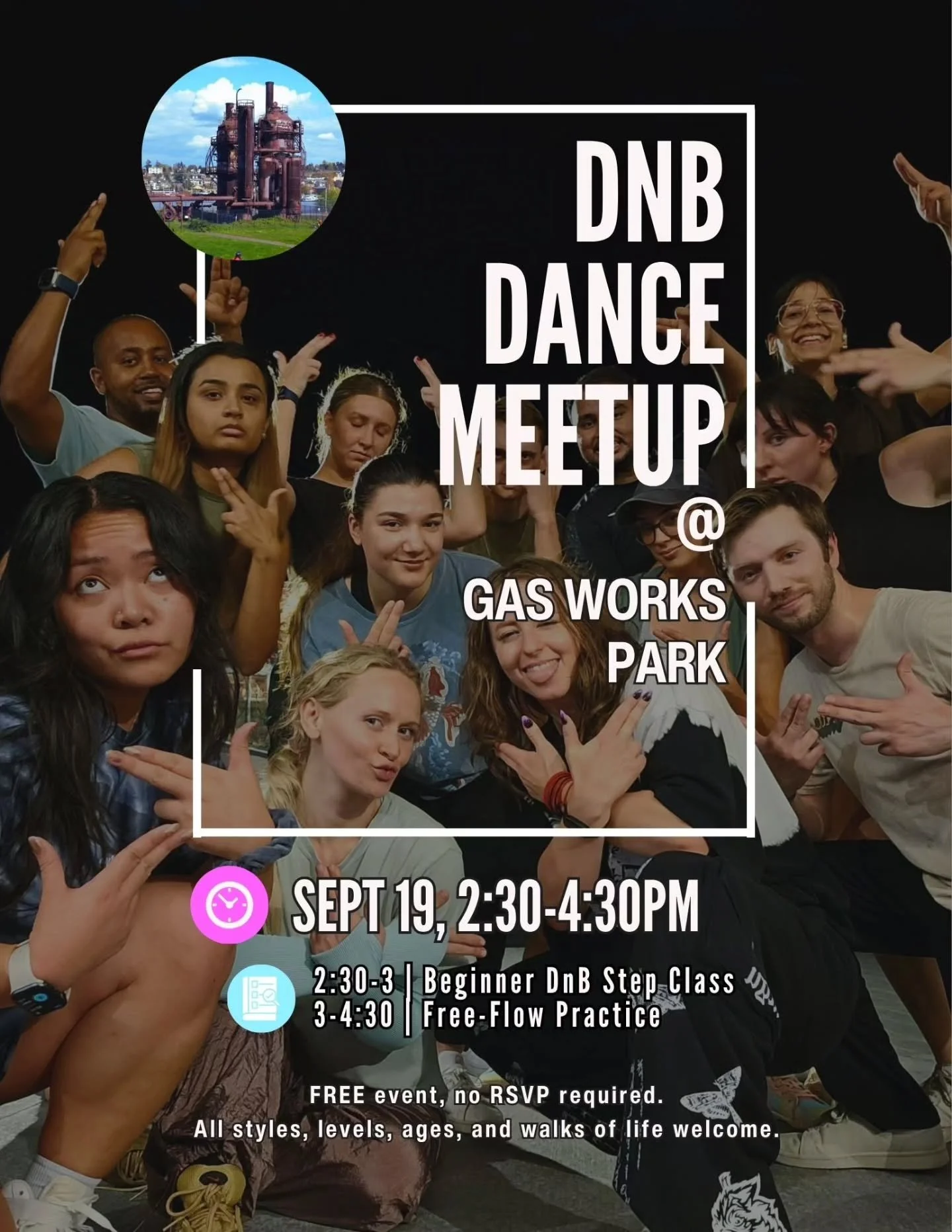 Our first ever Drum and Bass meetup! IT'S FREE!

Come to the mini class and learn some basic steps for beginners,

Then stay for some music, practice, and hang time. 

Look for us by the water overlook area at Gas Works!

If its raining, or that spot