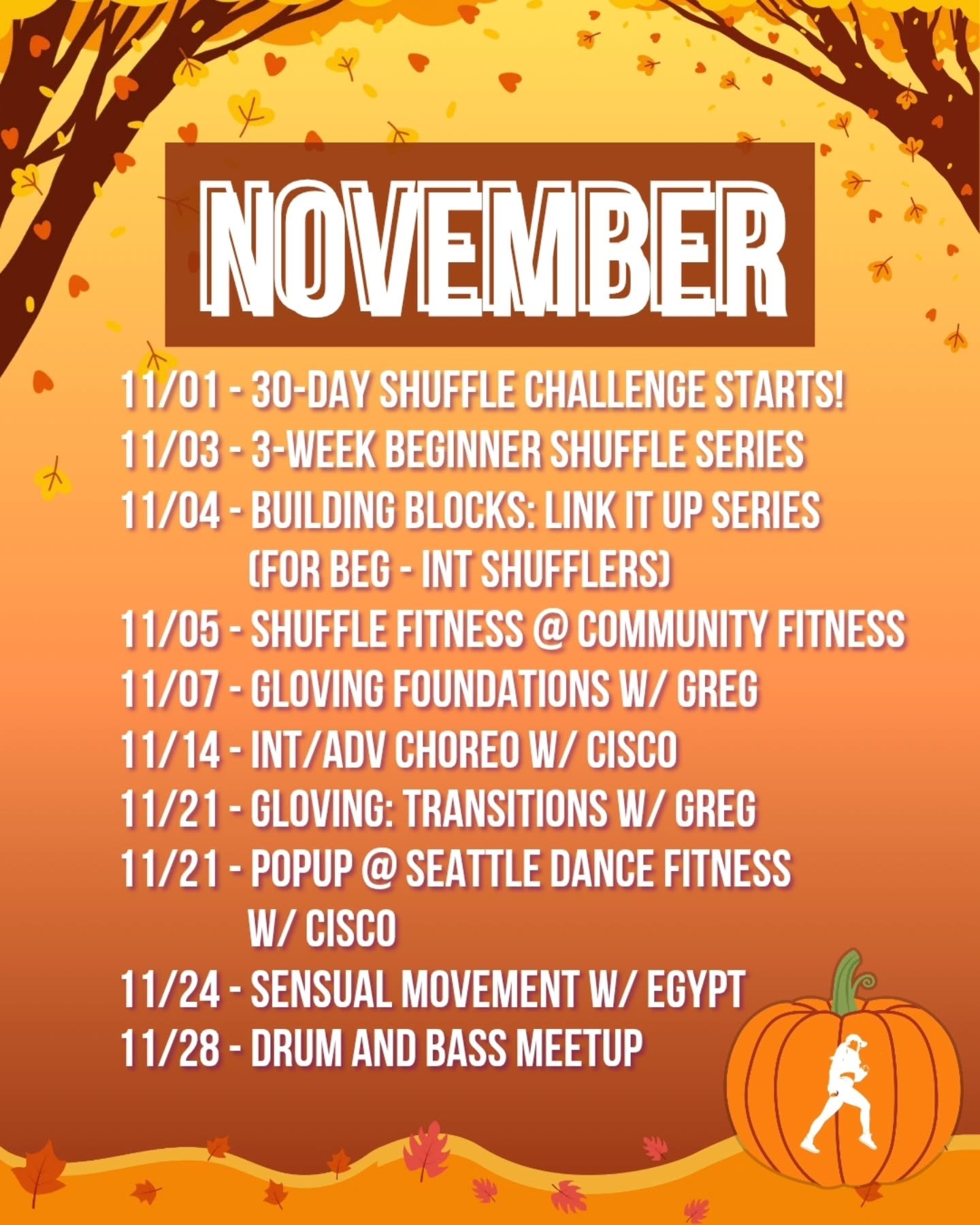 Wowwwww so much to be thankful for this month 🙏🕺

I had to hold off on posting this because we kept adding more dance opportunities! I CANT WAIT!

Notes for this month:

🤸&zwj;♀️ Shuffle Fitness is coming back on the 5th - you must register throug