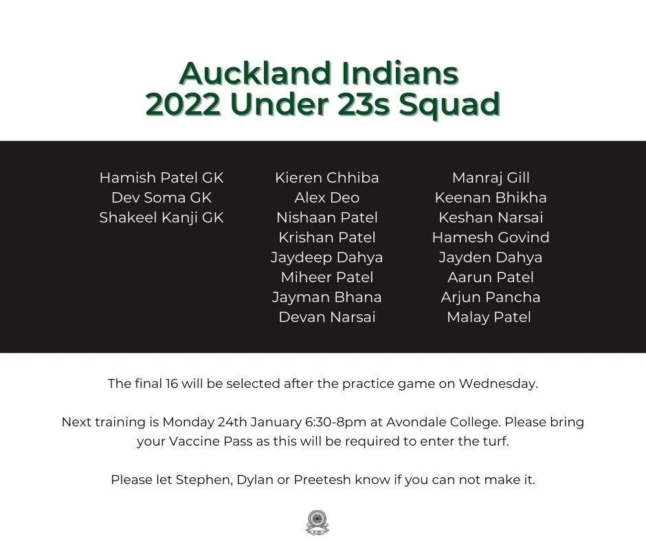 2022 Auckland Indians Under 23s Squad