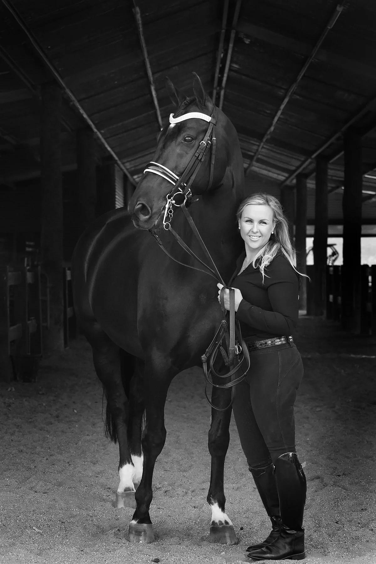 Black-and-white elegance — Victoria horse-and-rider portrait.