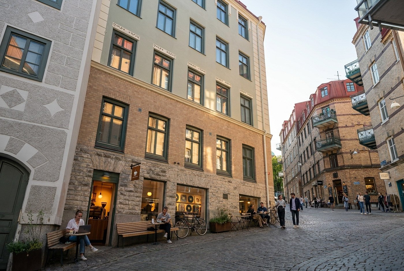 Gatuvy av en stad med äldre byggnader, uteservering med personer som sitter och äter eller arbetar, cyklar parkerade, och människor promenerar på kullerstensgata på kvällen.