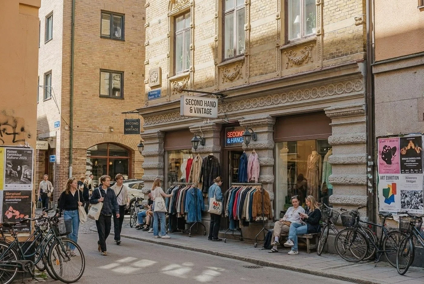 Mot en gata i en urban miljö finns en second hand-butik med kläder utanför. Flera personer går förbi butiken, medan andra tittar på kläder som hängs upp. Bilar och cyklar är parkerade längs trottoaren.