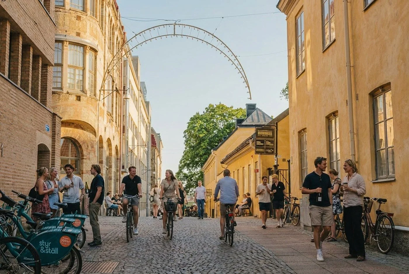 Gatuvy av människor som cyklar och promenerar på en kullerstensgata med gula och beiga byggnader, under en klar himmel.
