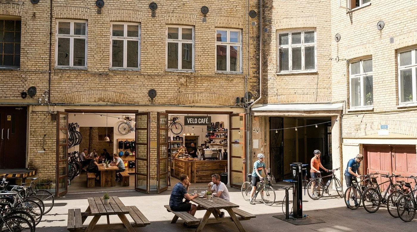 Uteservering på en café med cyklar parkerade och personer som äter och pratar, mot en gammal tegelbyggnad.