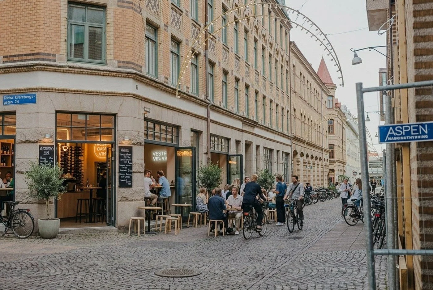 Gatudukningar som cyklar och går förbi en uteservering på en stadsgata med gamla byggnader. Människor sitter vid bord utomhus och pratar.