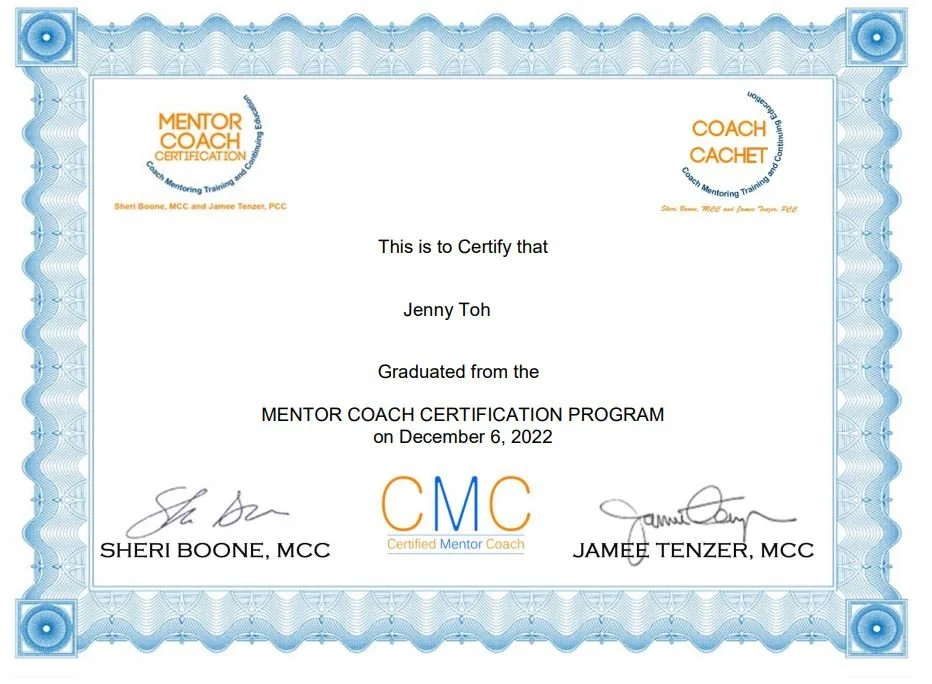 Certificate of completion for Jenny Toh from the Mentor Coach Certification Program, dated December 6, 2022, with signatures and logos of Mentor Coach and Certified Mentor Coach.
