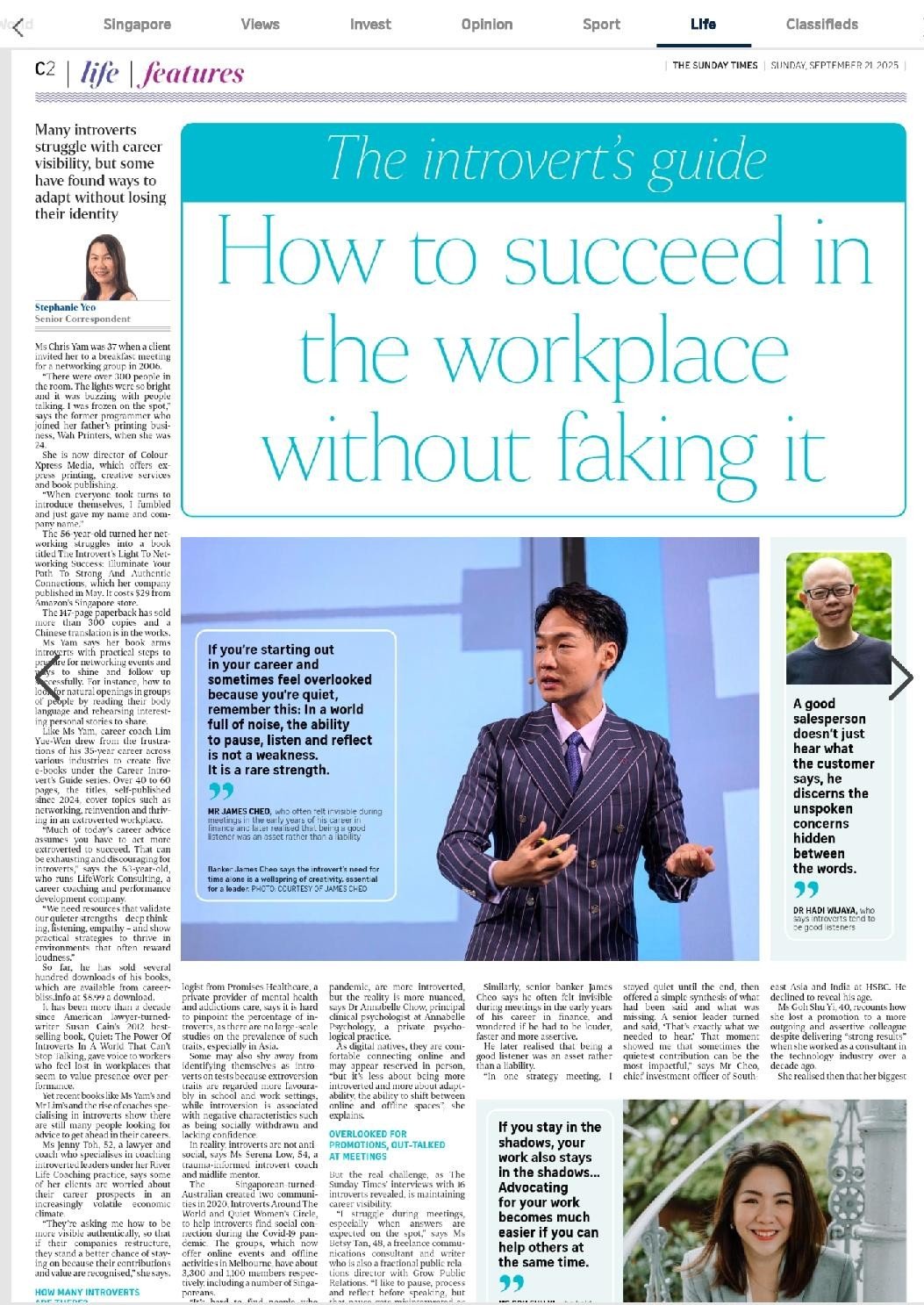 Page from a newspaper with a large blue title section reading 'The introvert's guide: How to succeed in the workplace without faking it.' The page includes a photograph of a man in a striped suit giving a presentation, along with quotes and commentary about introversion in the workplace. There are additional smaller images, one of a smiling woman in the bottom right corner and a headshot of a man with glasses and a bald head to the right of the presentation photo, accompanied by text explaining the importance of listening and understanding in sales and workplace success.