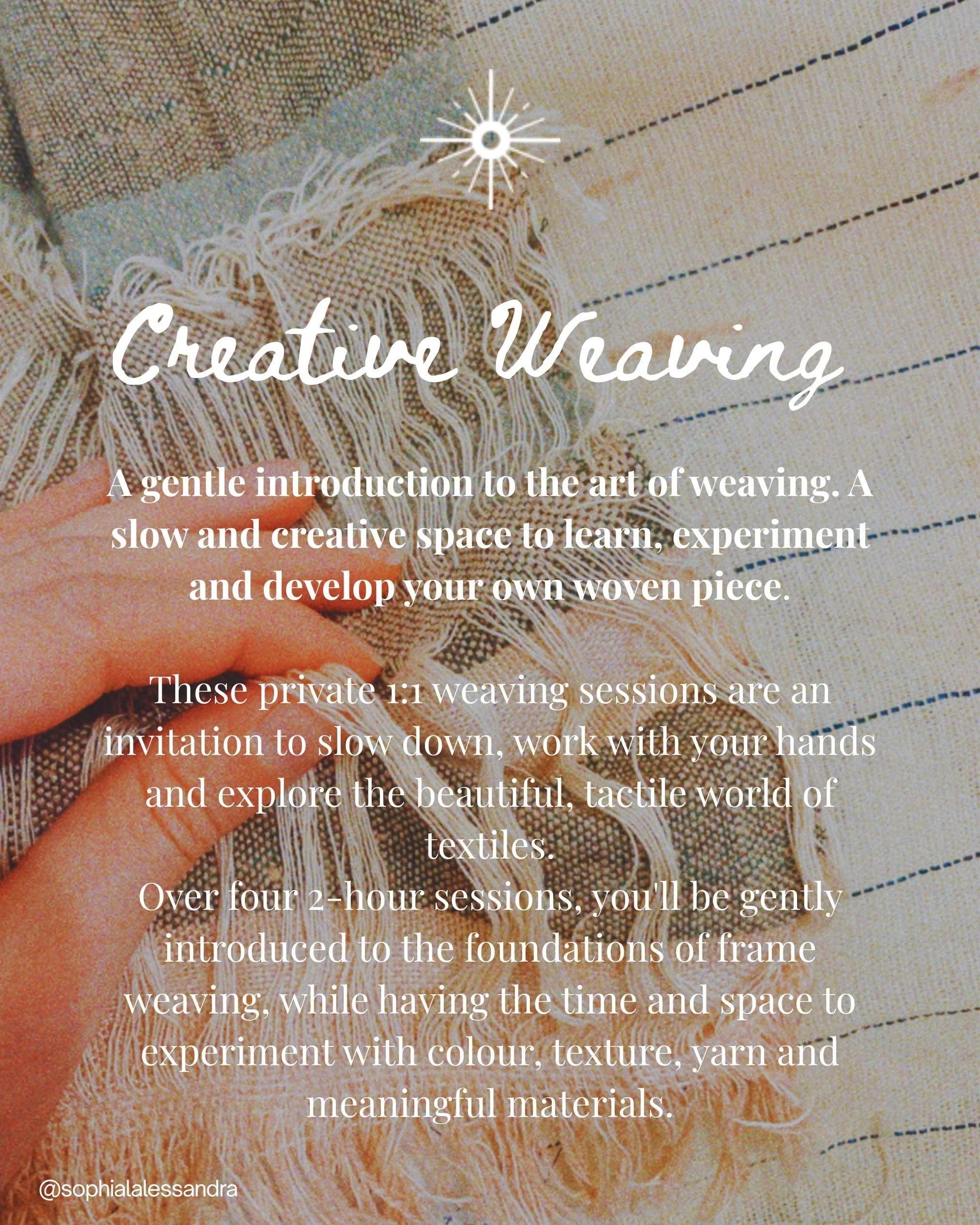 I&rsquo;m really looking forward to welcoming you into my studio for these 1-on-1 creative weaving sessions this winter.

We&rsquo;ll keep things simple and unhurried:: putting the kettle on, sharing a warm cup of tea, and taking time to slow down to
