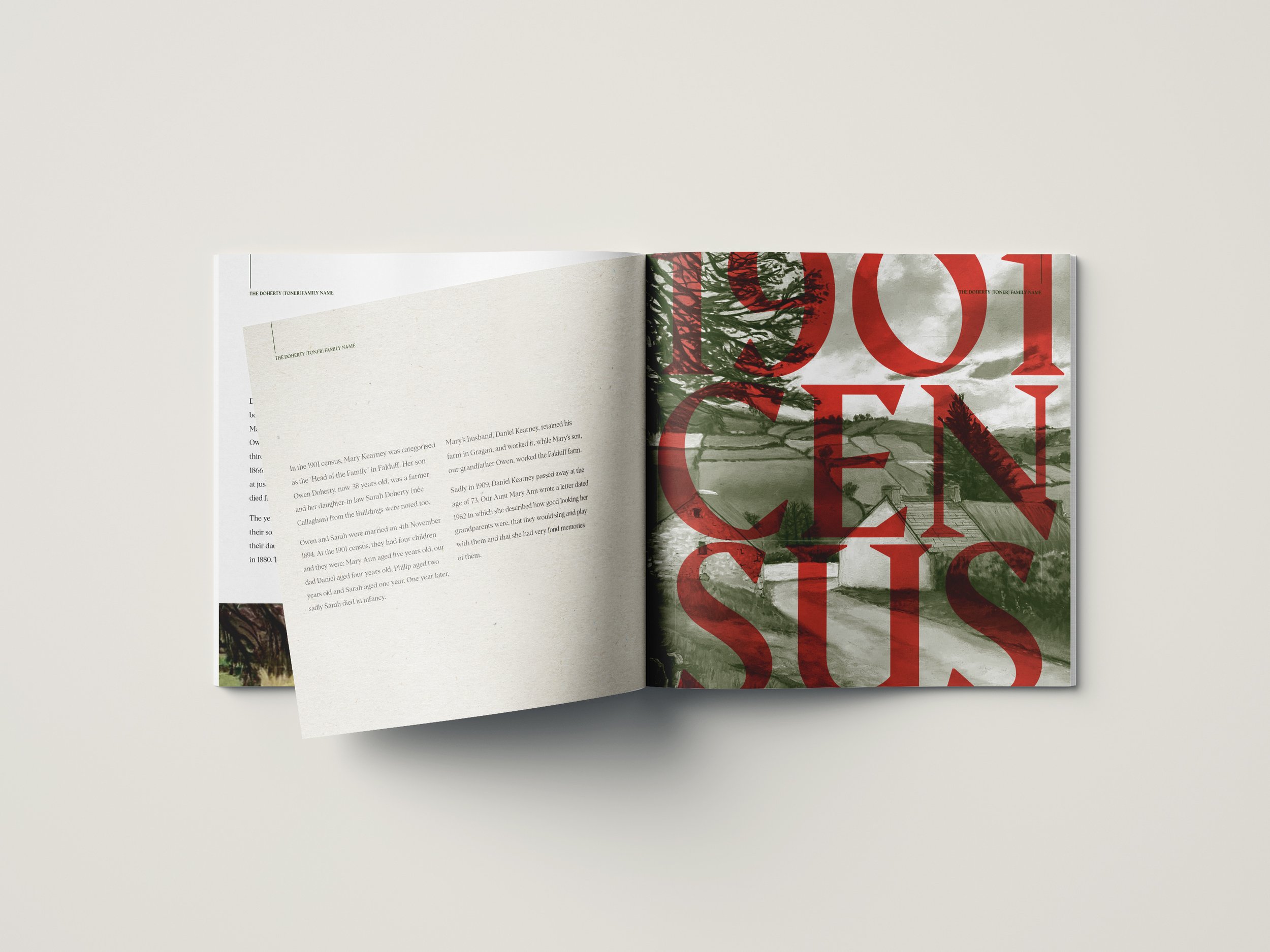 Open magazine featuring text and images with large red text reading '1901 GEN SUS' overlaying a landscape photo with trees, sky, and fields.
