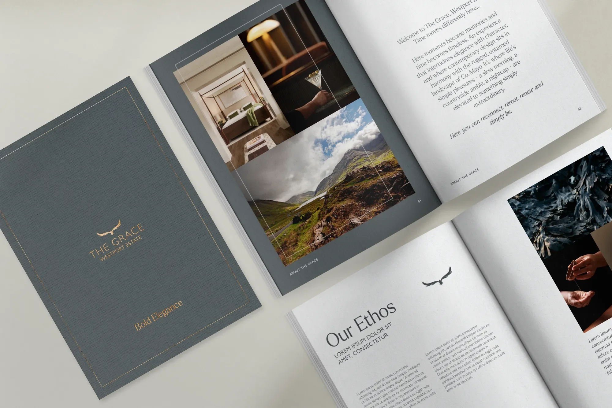 Open brochure for The Grace Westport Estate, featuring images of a dining room, landscape view of mountains, and a section titled "Our Ethos" with text and a logo of a bird.