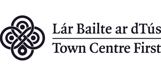 Logo with Celtic knot design and text 'Lár Bailte ar Tús' and 'Town Centre First'.