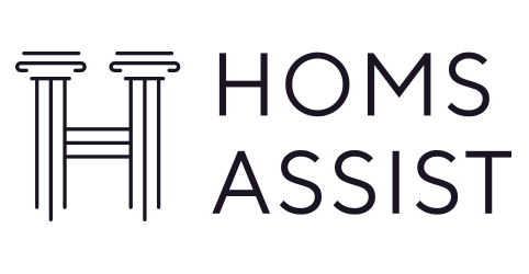 Logo for HOMS Assist featuring stylized pillars and the company name.
