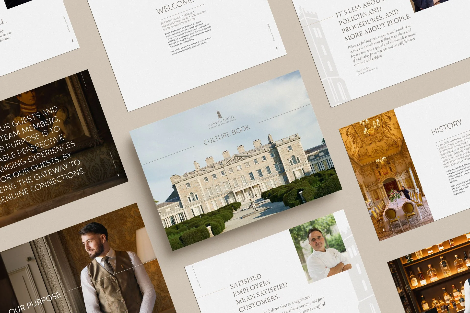 A collection of business brochures and pamphlets laid out on a beige surface, including pamphlets about a hotel, its culture, history, and employee satisfaction, featuring images of a hotel building, interior dining room, a man in a vest, and a person in a chef's coat.
