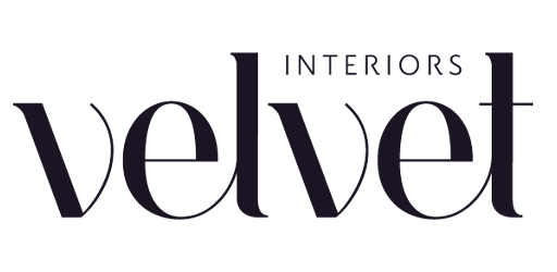 Logo for Velvet Interiors with the word 'velvet' in large stylized letters and 'INTERIORS' in smaller uppercase letters above the last 't'.