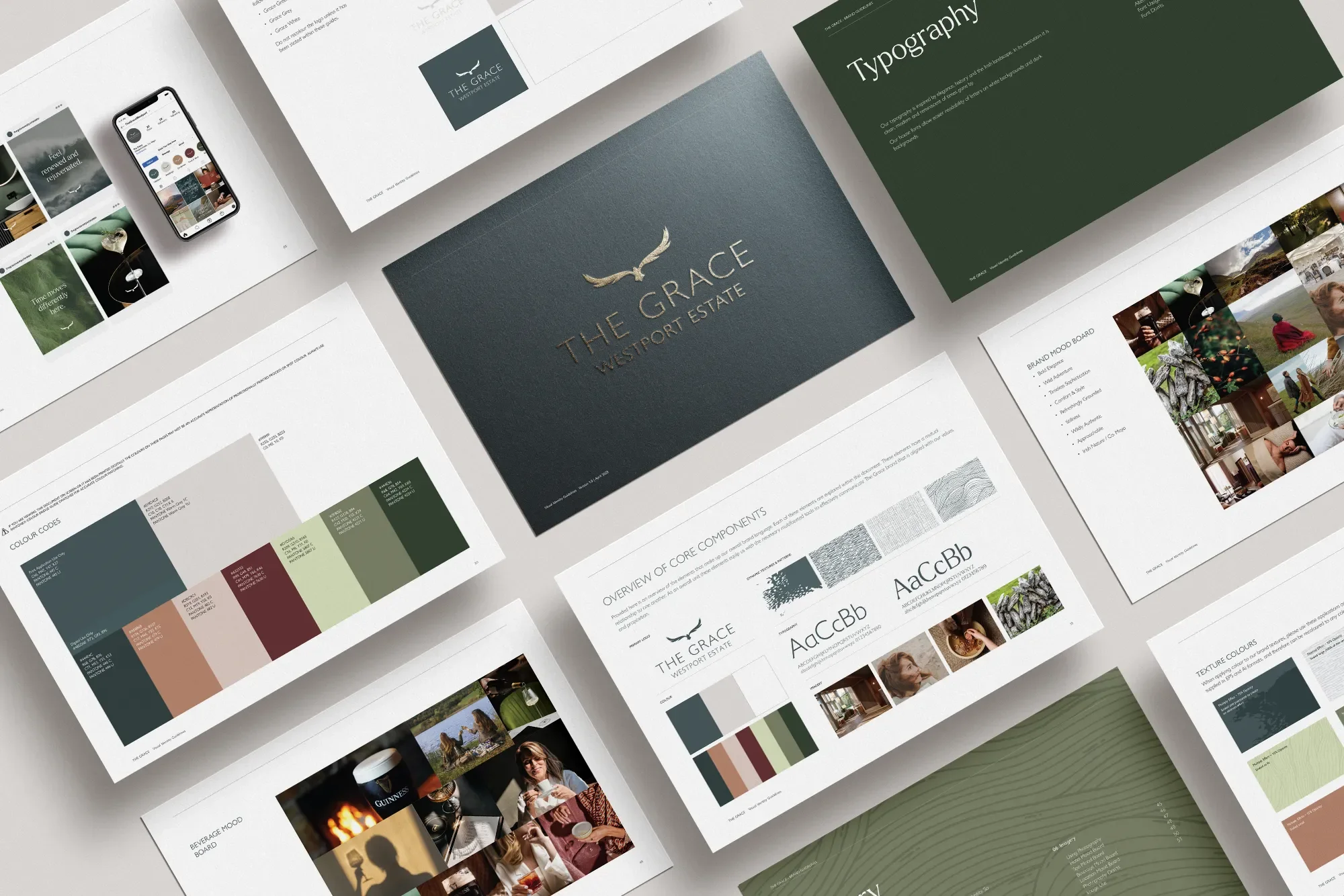Brand guidelines for the Grace Westport Estate, showing colour, images, textures and fonts