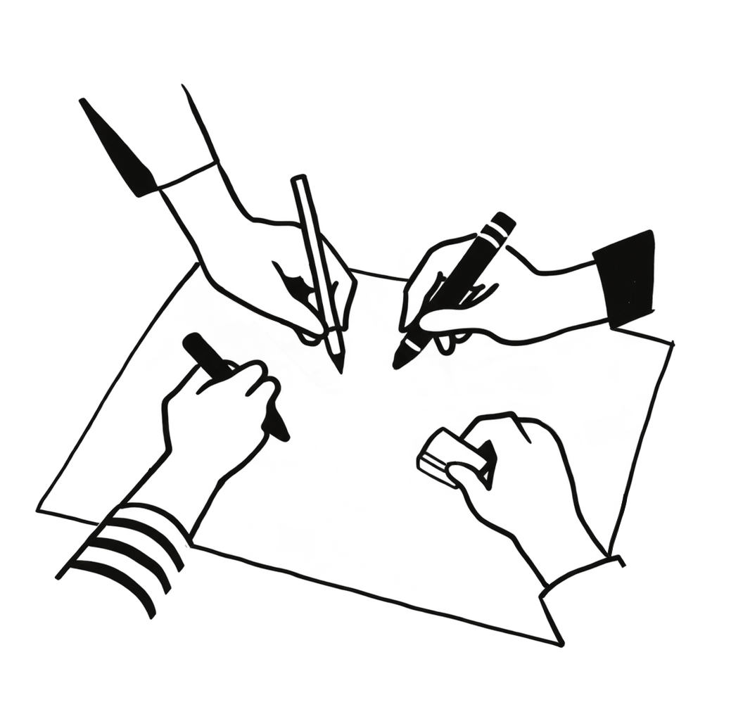 Hand-drawn icon of four hands drawing together on one sheet of paper, representing team learning