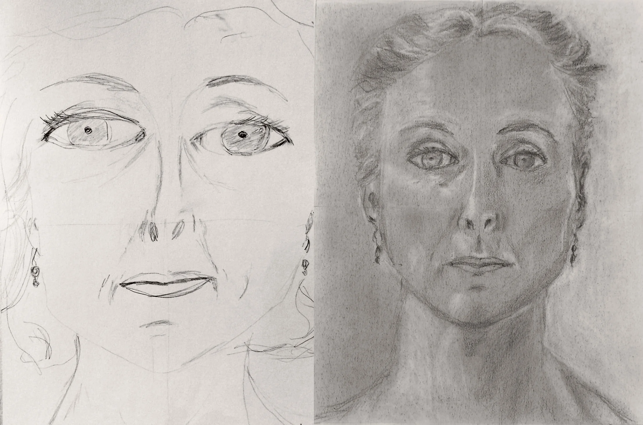 Before and after portrait drawings by a Drawing Right participant, Jacinta de Vogel, across the five-session programme