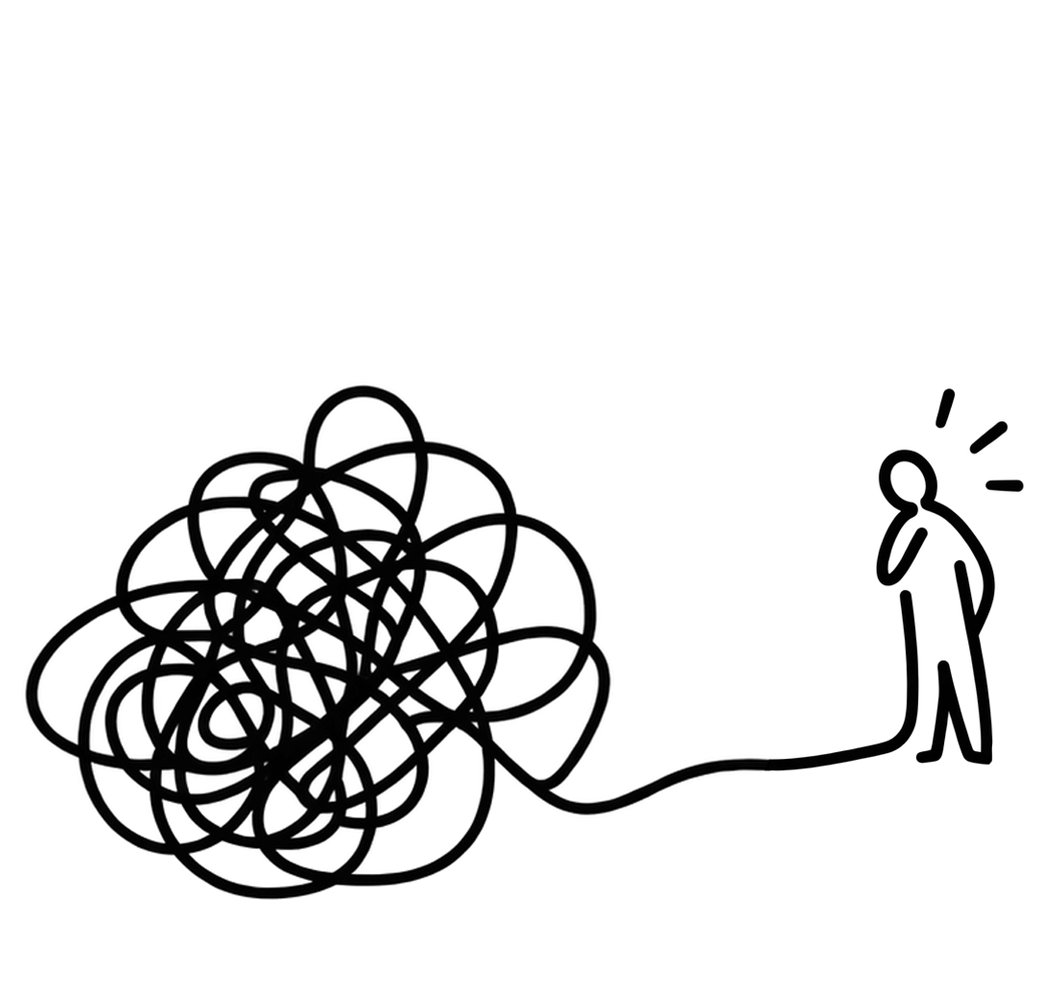 Hand-drawn icon of a man standing and looking back at a tangle of lines behind him, representing wellbeing