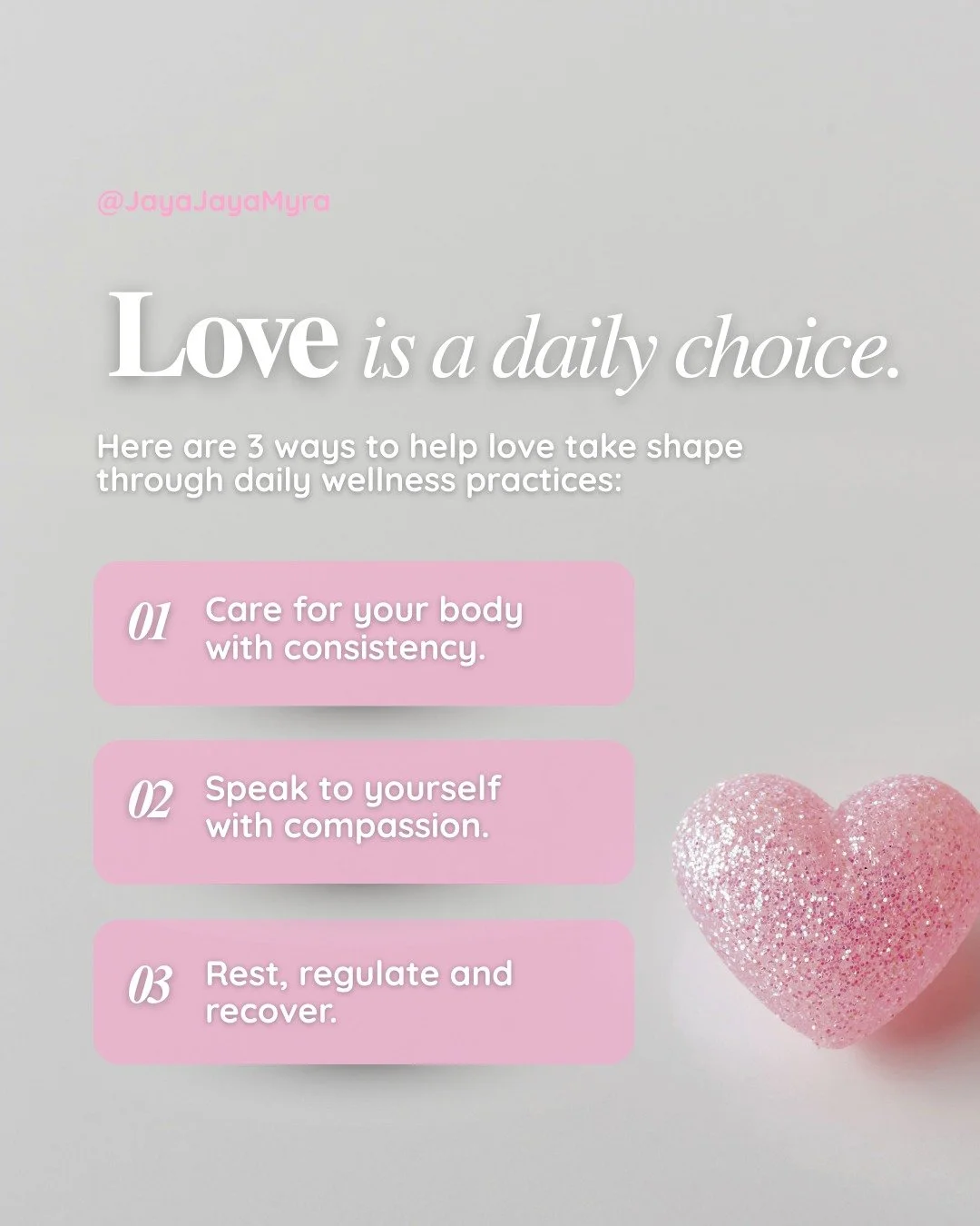 Love takes shape through daily choices. 💗
 
Through the way you nourish your body.
Through the way you speak to yourself.
Through the way you rest, regulate and recover.
 
Consistent care creates steadiness. Steadiness supports wellness. Small pract