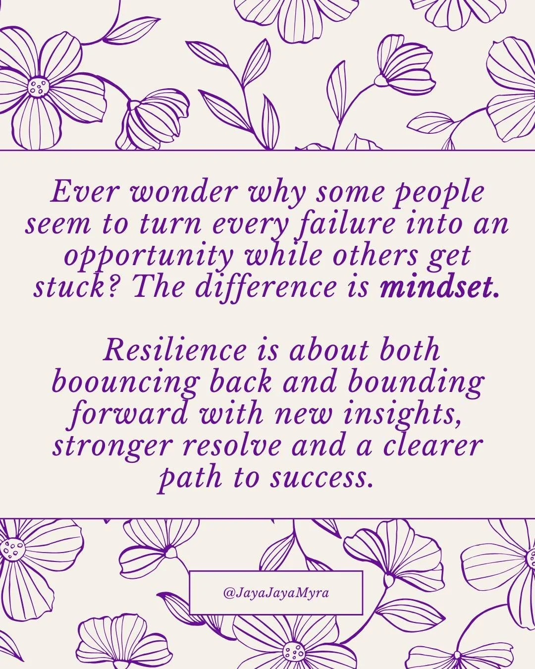 Saturday food for thought: 

Ever wonder why some people seem to turn every failure into an opportunity while others get stuck? 

The difference is MINDSET! 

Resilience is about both bouncing back and bounding forward with new insights, stronger res