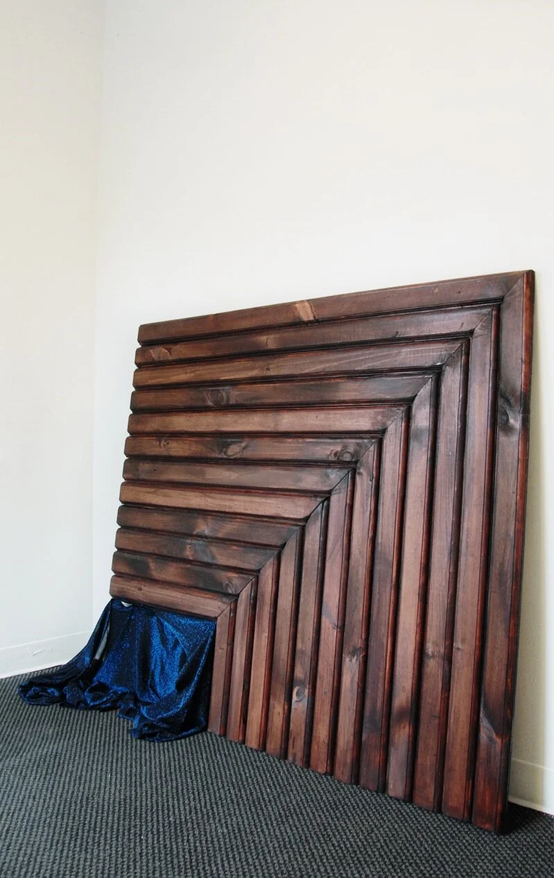  Date of Arrival , 2013, wood and polyester, 48x48in A meditation on my grandmother’s arrival to the United States and the perceptual transformation of her Japanese folk dance career into a now transplanted cultural practice. The leaning sculpture is