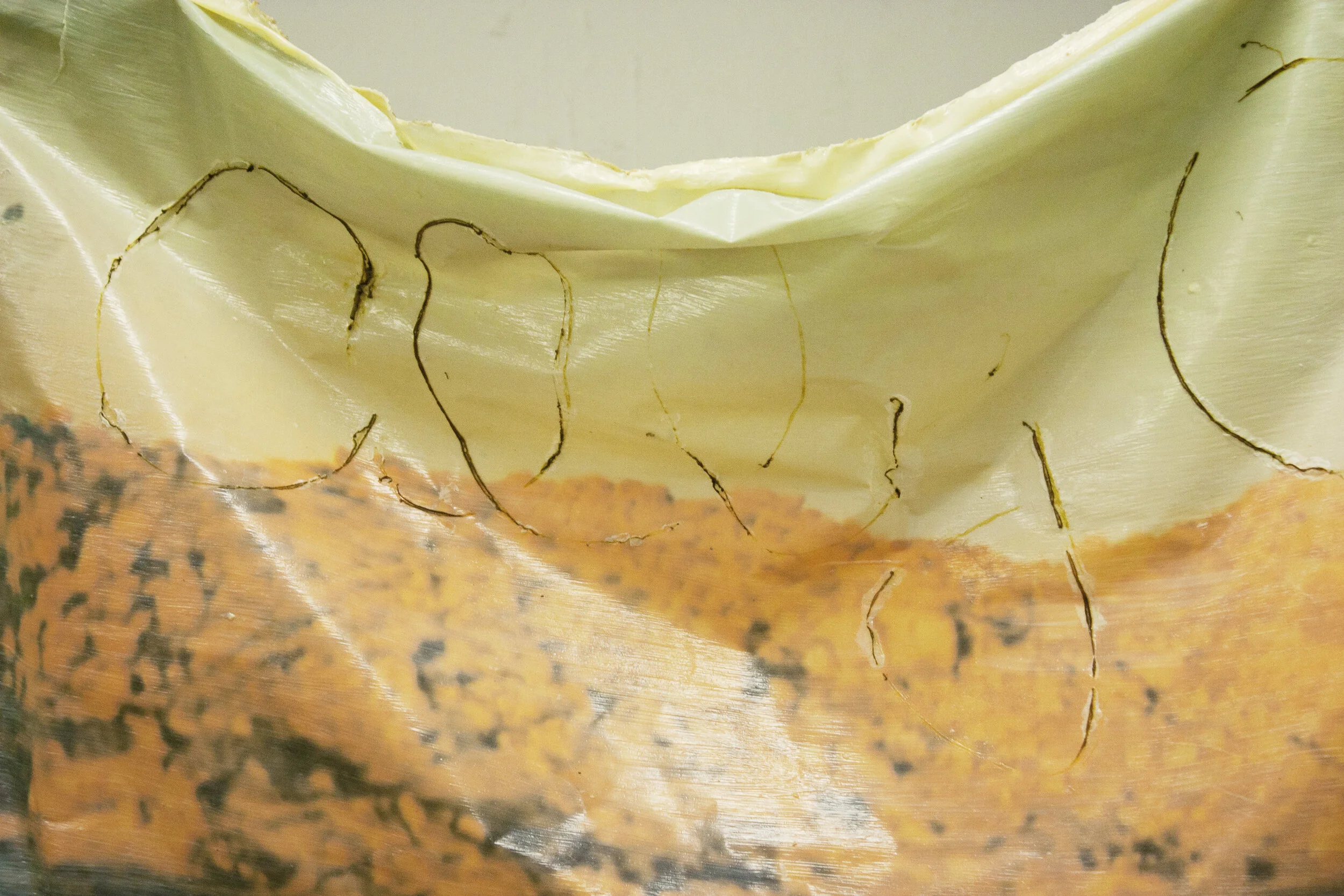Detail of  Birth Recorder I , 2013, Steel, cement, latex, digital print on velum, 84x96x12in