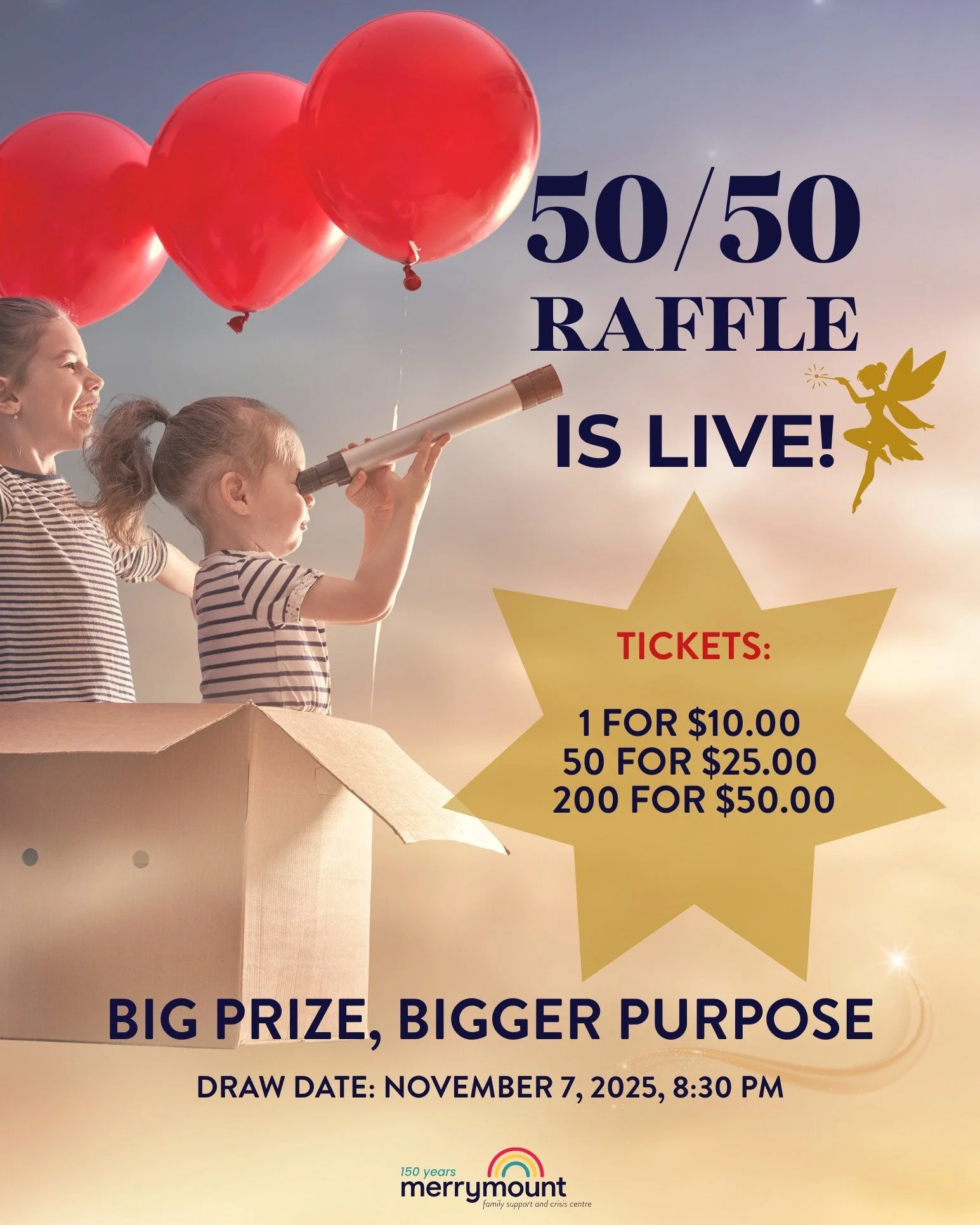 🎉 🎟️ The Merrymount 50/50 Raffle is LIVE!
Here’s your chance to win big while giving back to children and families in our community.
Tickets: $10 each • 50 for $25 • 200 for $50
💰 The draw takes place Friday, November 7, 2025, at