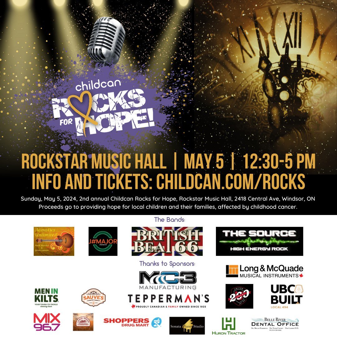 It's almost time to ROCK! Do you have your tickets for Childcan Rocks for Hope? This Sunday, May 5, 2024, at the Rockstar Music Hall in Windsor. 

Be entertained by Acoustics Unlimited, @jsharpmajor, British Beat 66, and The Source, bid on the amazin