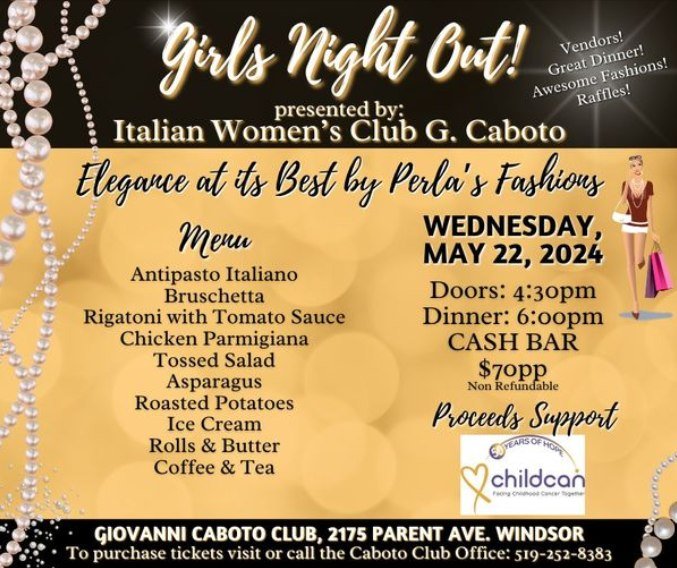 It's almost time for a Girls Night Out in Windsor! Join us on Wednesday, May 22, 2024 @giovannicabotoclub for a fashion show. Contact the club to buy your tickets. https://childcan.com/events #FacingChildhoodCancerTogether 💛🎗💛