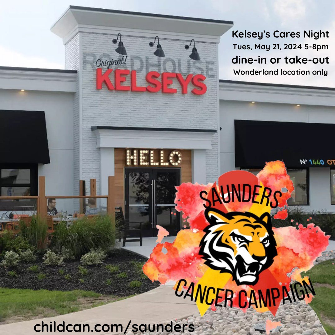Make plans for Kelsey's Care Night - tonight from 5-8pm at Kelsey's Wonderland Rd S location in London only. Mention Saunders Cancer Campaign when ordering, either dine in or take out. 

https://childcan.com/events/kelseys-2024 #FacingChildhoodCancer